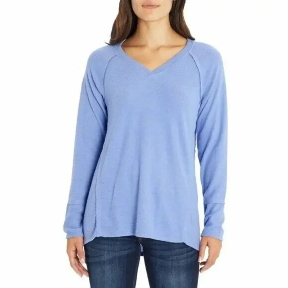 Wildfox Haley Ribbed V-Neck Periwinkle Brushed Knit Long Sleeve T-Shirt XXL